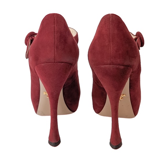 Prada Women’s Sz 37 Burgundy Dark Red Maroon Suede Mary Jane Platform Heels - Picture 4 of 9